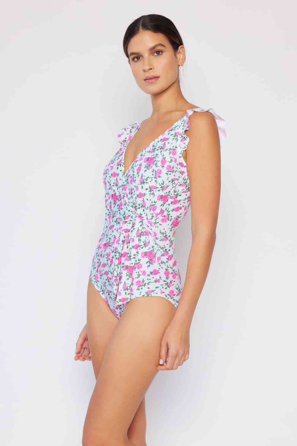 Women's Marina West Swim Full Size Float On Ruffle Faux Wrap One-Piece in Roses Off-White